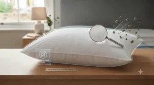 Icon illustration showing hypoallergenic protection against dust mites in a firm super king pillow.