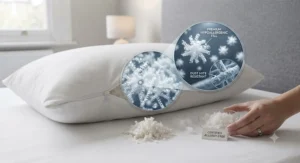 Fluffy hypoallergenic filling being placed inside a standard pillow protector for allergy-sensitive sleepers.