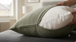 Demonstrating how to insert a plump cushion pad into a European square pillowcase[cite: 7]