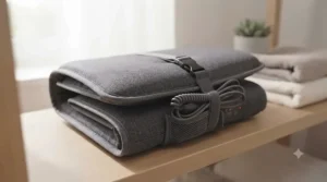 The charcoal grey massage cushion is shown neatly folded in half, secured for storage or