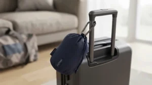 Lightweight travel pillow for side sleepers clipped to the exterior handle of a weekend suitcase.
