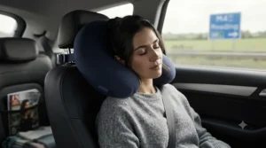 Low-profile travel pillow for side sleepers being used by a passenger in a car.