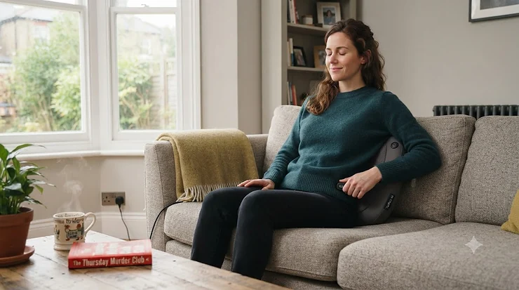 A person relaxing on a sofa while using an ergonomic massage pillow for lower back pain relief in a modern British living room. massage pillow for lower back pain