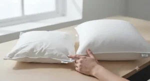 A tape measure laid across a 45x45 cm square cushion pillow insert to illustrate correct sizing for standard scatter covers[cite: 3]