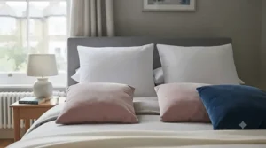 Minimalist Scandinavian-style bedroom featuring plain linen European square cushions.