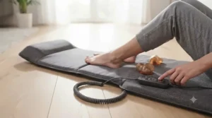 A person in grey jogging bottoms lies on a wooden floor, resting their calves and thighs on the charcoal grey fabric massage cushion, which is laid out flat. They are holding the remote control (from image_5.png) and adjusting the settings.