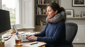 Person using a portable neck massage pillow while working at a home office desk in the UK.