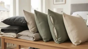 Selection of neutral-toned European square pillow covers designed for modern UK bedroom interiors[cite: 4]