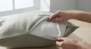Detailed shot of double-stitched overlocked seams on a durable cotton-blend square cushion insert, preventing fibre leakage[cite: 4]