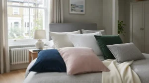 Selection of patterned and velvet European square pillows in rich jewel tones.