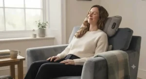 Relaxed person unwinding on an armchair at home with a heated massage pillow supporting their aching neck and shoulders.