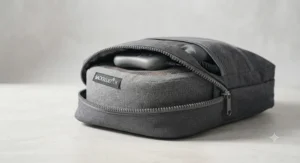 Compact back massage pillow packed neatly inside a travel bag for office or car use.