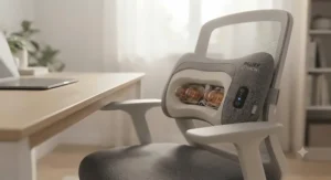 Portable heated massage pillow secured to an office chair with a strap to ease workday back strain.