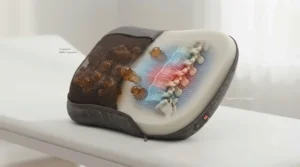 A wireless massage pillow charging on a bedside table, highlighting its built-in lithium-ion battery.