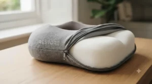 Person relaxing with a cup of tea while using a neck massage pillow on the couch in the evening.