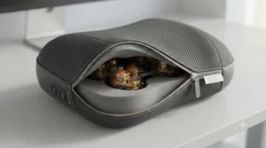 Unzipped breathable mesh cover of a massage pillow for a car seat demonstrating easy washing and maintenance.
