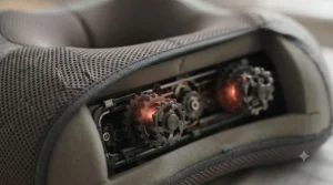 Close-up of the rotating massage nodes inside the breathable mesh cover of the neck pillow.