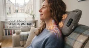 Diagram showing a heated massage pillow targeting the neck, upper back, lower back, and shoulders for muscle tension relief.