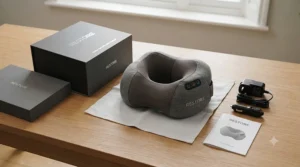 Shiatsu neck massage pillow shown alongside its mains power adapter and user manual.