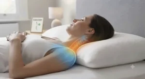 Visual representation of a standard pillow cushioning the shoulder and head of a side sleeper to relieve pressure points.