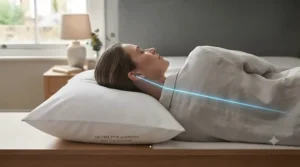 Illustration of a side sleeper maintaining a neutral spine alignment using a firm super king pillow.