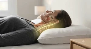 Diagram demonstrating proper neck and spinal alignment using a standard pillow for a side sleeper.