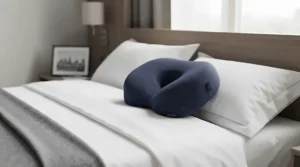 Firm travel pillow for side sleepers placed neatly on a hotel bed pillowcase.