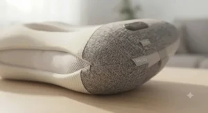 Macro shot of the soft, breathable mesh fabric and durable zip cover on a grey shiatsu massage cushion.