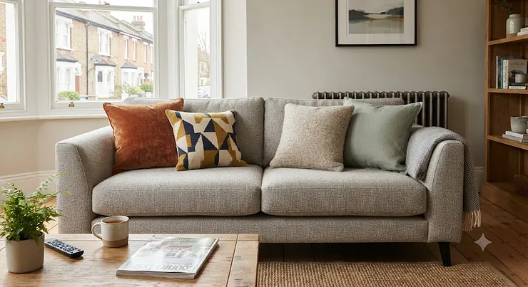 A stylish square cushion arranged on a modern living room sofa, showcasing British interior decor styling. square pillow for decorative sofa square pillow for decorative sofa