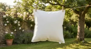 A neatly arranged collection of plush square cushion pillow inserts on a modern British living room sofa, demonstrating firm support and loft[cite: 1]