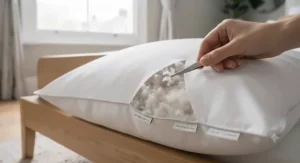 Hand pressing a standard pillow to demonstrate bounce-back resilience and loft height.