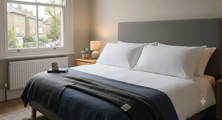 A supportive standard pillow designed for side sleepers on a neatly made neutral bed, offering optimal spinal alignment for UK bedrooms. standard pillows for side sleepers