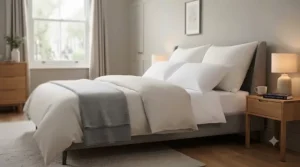 Beautifully dressed bed featuring a supportive super king pillow with neutral-toned British linen pillowcases.