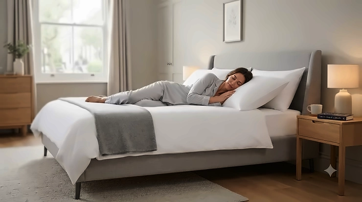 Premium super king pillow for side sleepers on a modern British bed, providing optimal neck and spine alignment. super king pillow for side sleepers