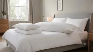Generous proportions of a super king pillow displayed across a wide double bed in a contemporary UK bedroom.