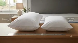 Diagram illustrating the extra-long dimensions of a super king pillow compared to a standard British pillow size.