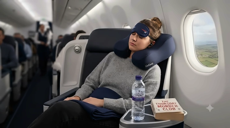 Ergonomic travel pillow for side sleepers supporting the neck on a long-haul flight. travel pillow for side sleepers