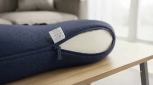 Removable, machine-washable cover zipped off a memory foam travel pillow for side sleepers.
