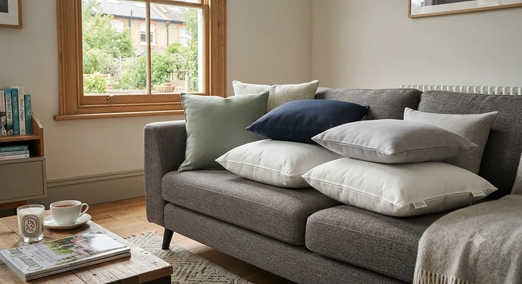 A washable square cushion pillow insert drying naturally on a washing line in a sunlit British garden[cite: 9] square cushion pillow inserts