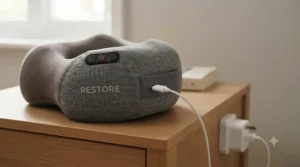 USB-C charging cable plugged into a rechargeable cordless neck massage pillow.