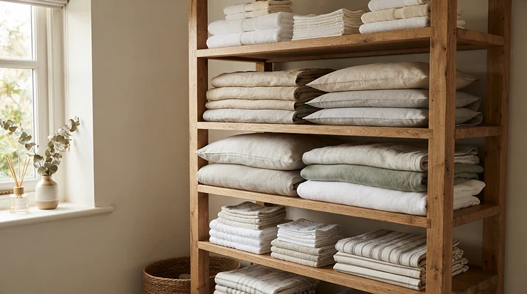Affordable housewife pillowcases neatly folded on a modern bedroom shelf