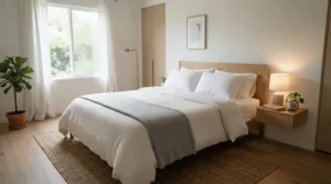 Affordable oxford pillowcases styled simply on a minimalist bed frame for a clean interior look.