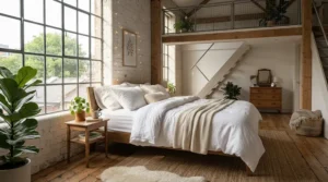 High quality breathable cotton oxford pillowcases shown in a bright, airy loft apartment bedroom.