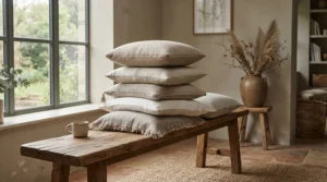 Breathable percale housewife pillowcase arranged on a neutral-toned guest bedroom pillow stack