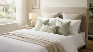 Hotel-style classic white cotton housewife pillowcases plumped on an airy bed