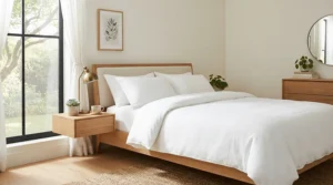 Crisp white cotton housewife pillowcases styled neatly on a freshly made double bed