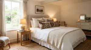 A cosy guest room featuring neatly arranged extra long pillows ready for visitors.