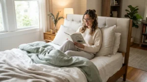 Firm king size pillows providing structured neck support for reading upright in bed