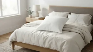 A clean, white hypoallergenic extra long pillows set styled on a minimalist bedroom duvet.
