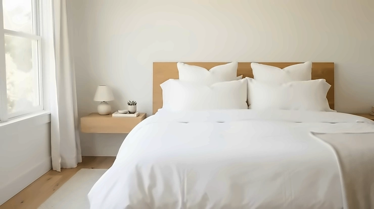 Clean hypoallergenic king size pillows on a minimalist white duvet set